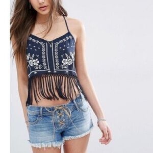 Hollister Navy Fringe Crop Top with White Floral Embroidery Women's Size XS Boho